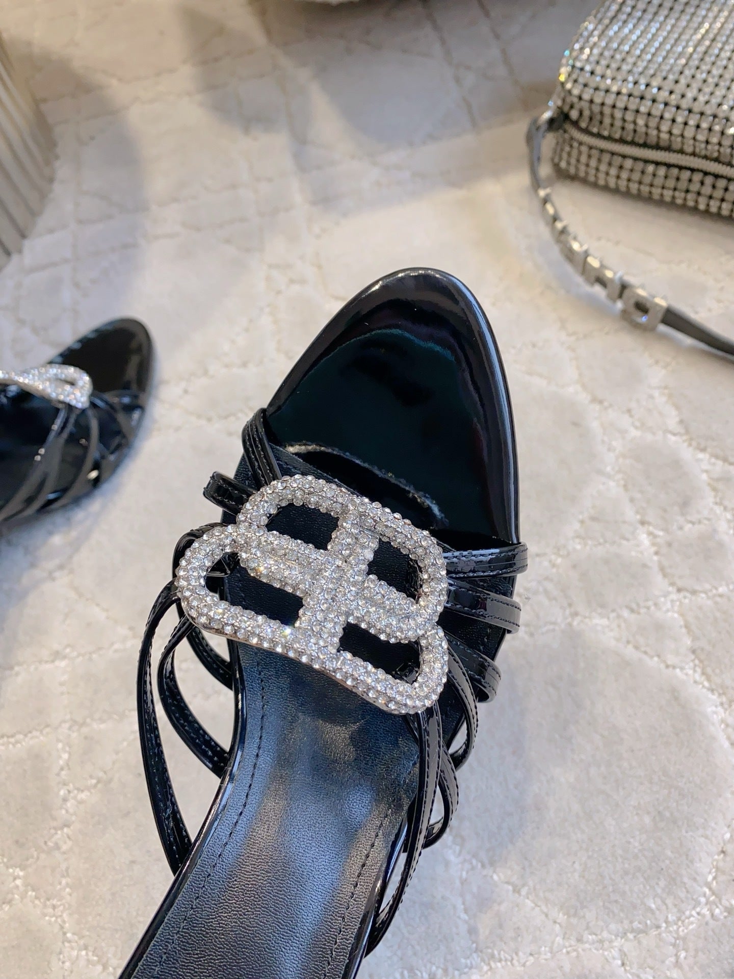 CRYSTAL EMBELLISHED BLACK STRAPPY HEELS