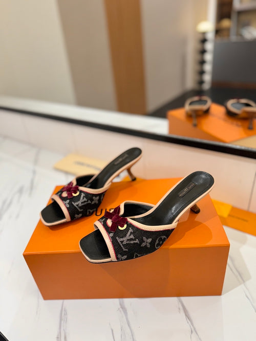 BLACK MONOGRAM DENIM MULE SANDALS WITH VELVET BOW