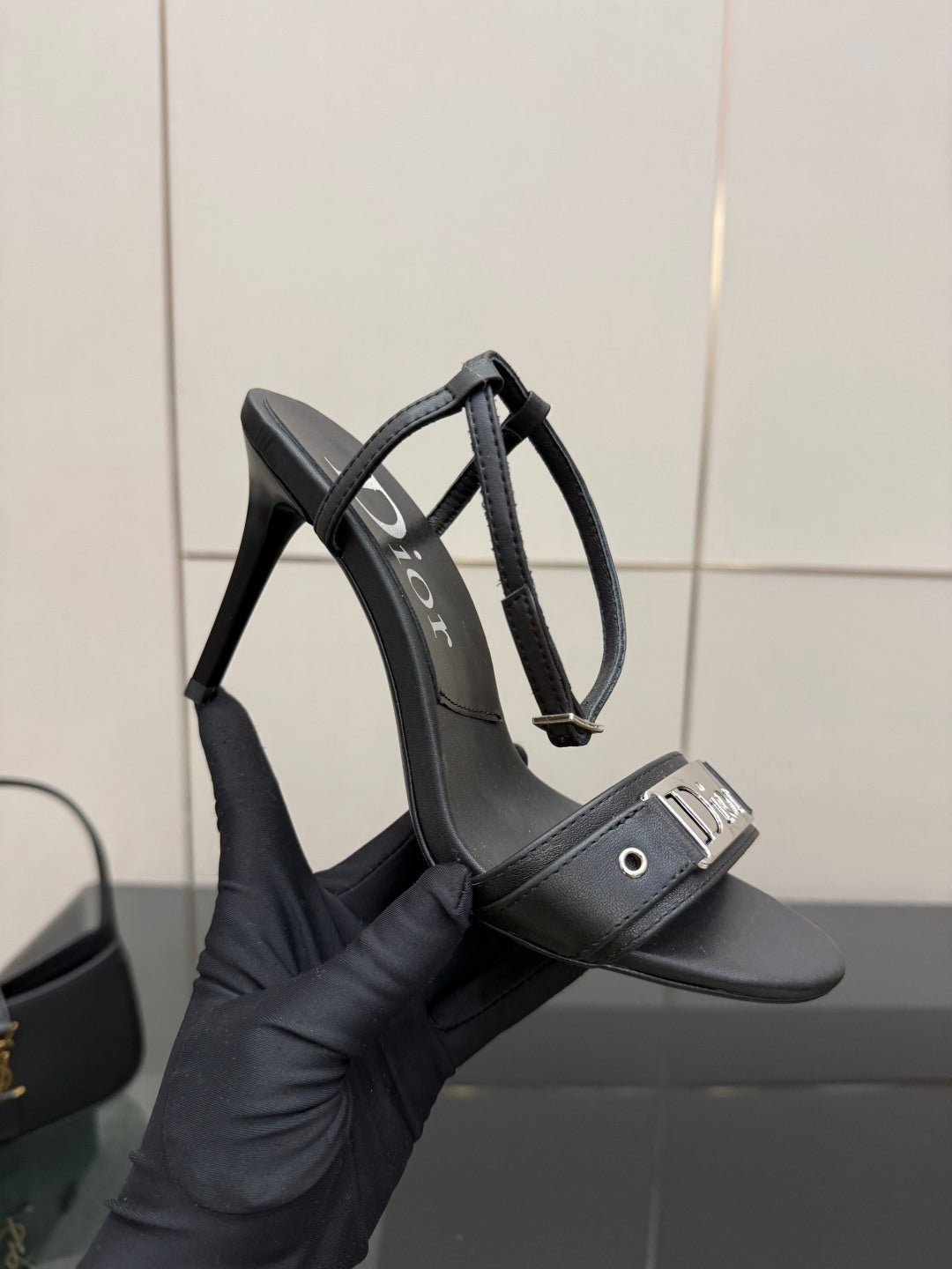 BLACK LOGO STRAP HIGH HEEL SANDALS