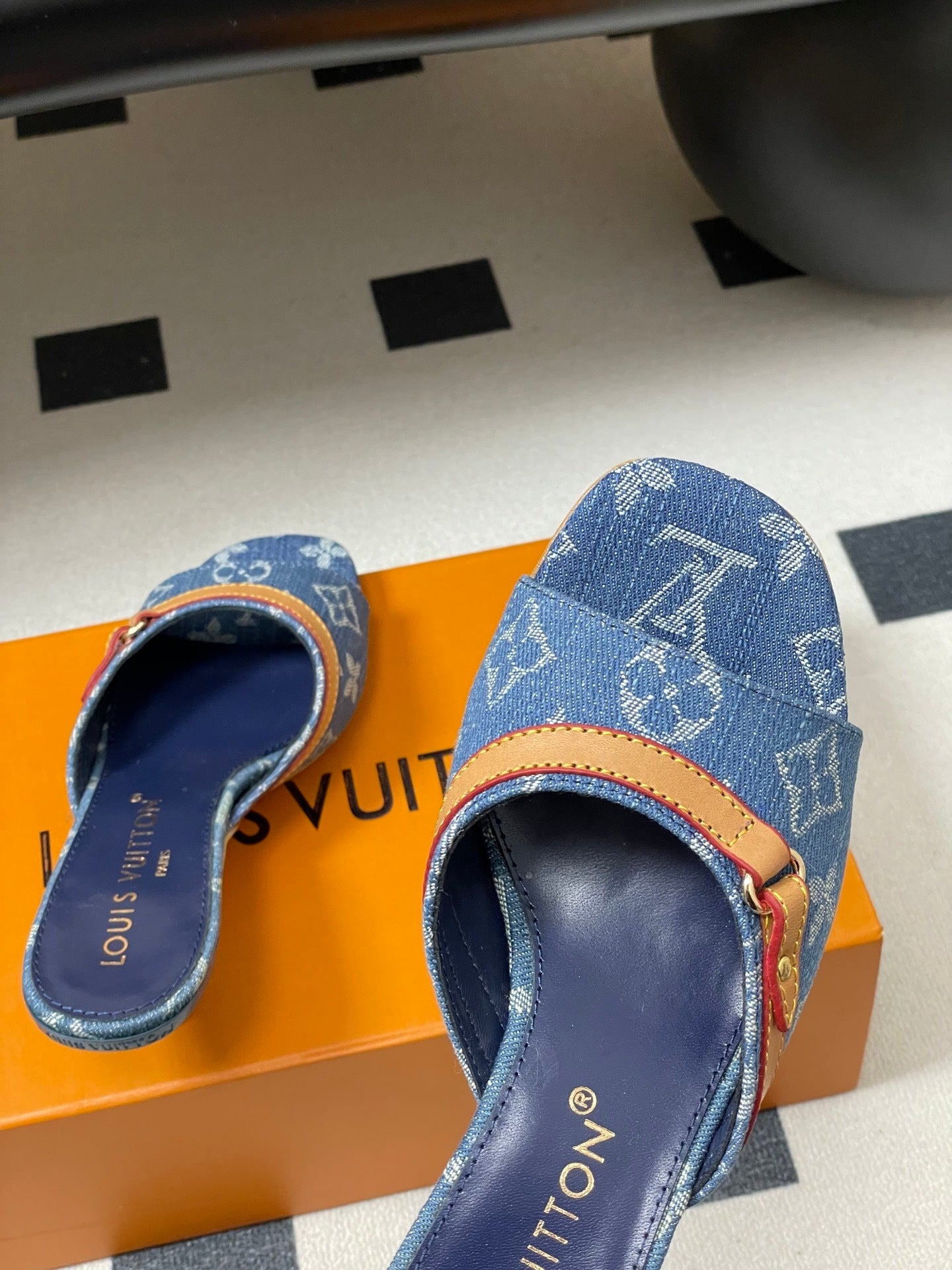 DENIM MONOGRAM STRAP KITTEN HEEL MULES