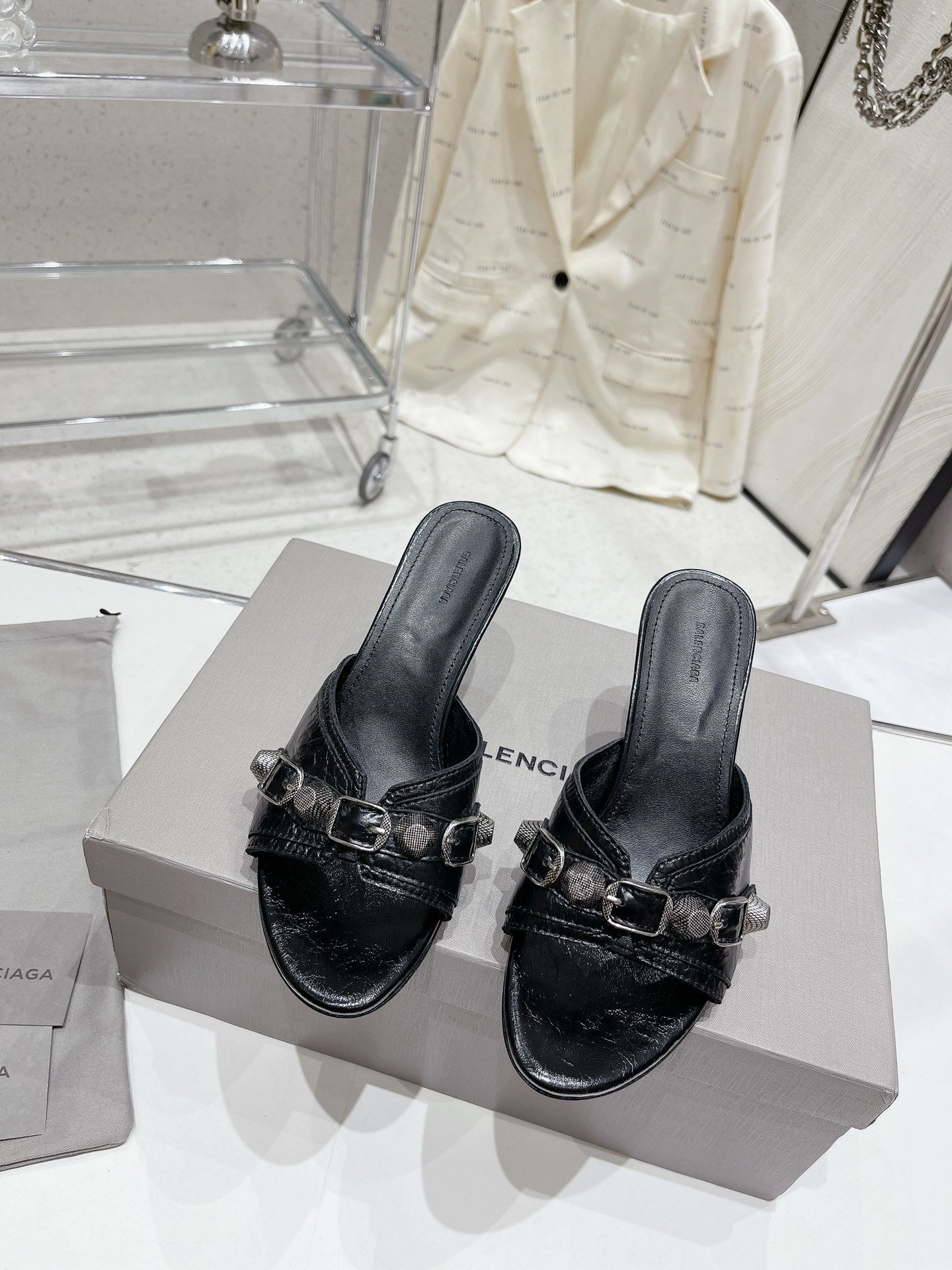 BLACK EMBELLISHED MID HEEL MULE SANDALS