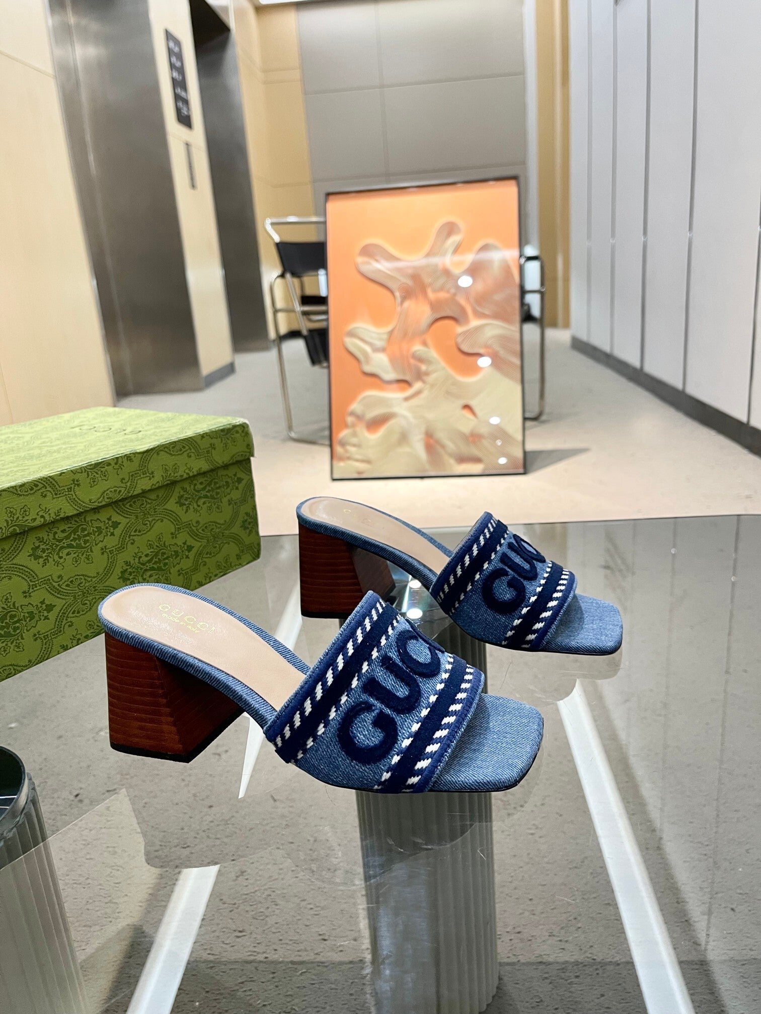 DENIM BLOCK HEEL SANDALS