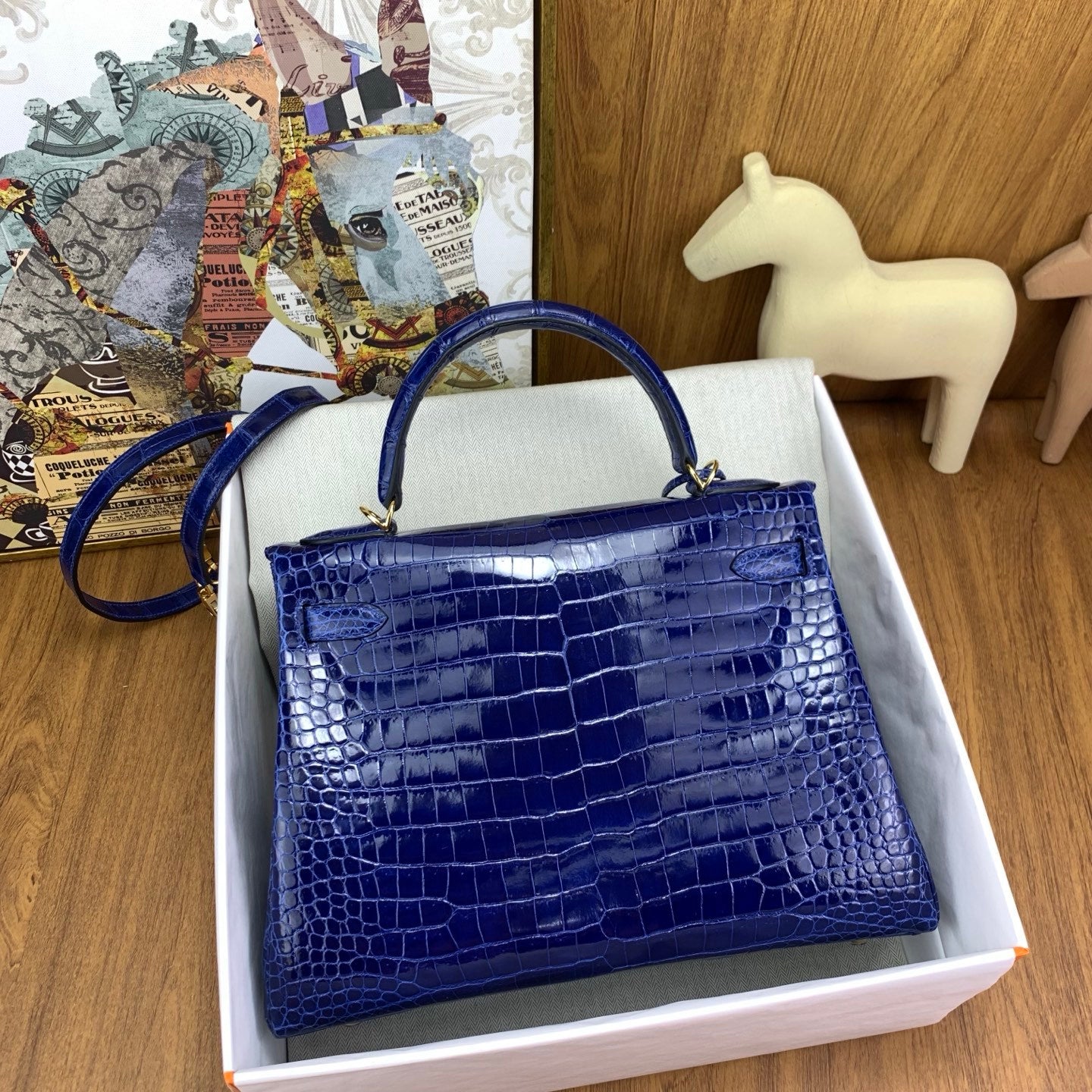 LUXURY ROYAL BLUE CROCODILE EMBOSSED LEATHER TOP HANDLE HANDBAG WITH GOLD HARDWARE