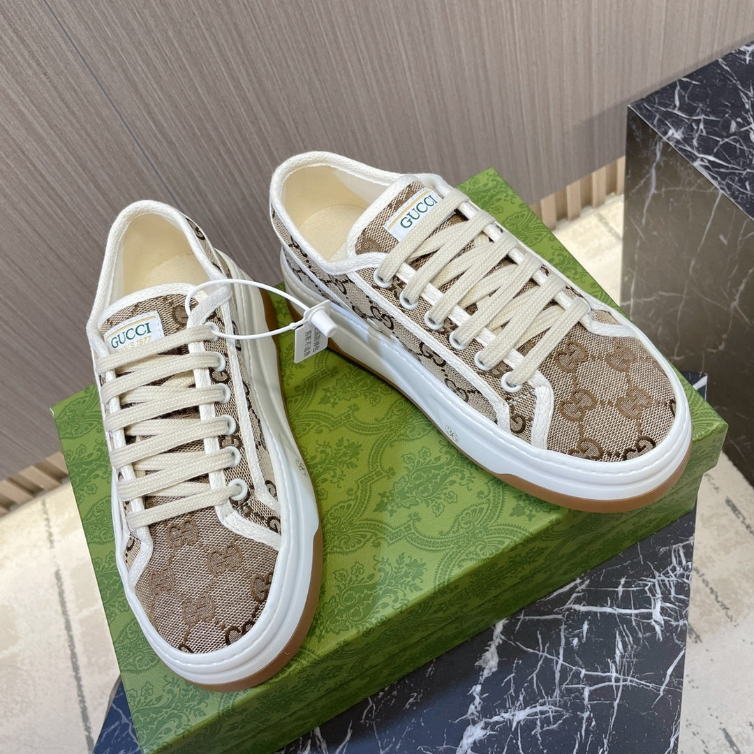 BEIGE MONOGRAM LOW-TOP SNEAKERS