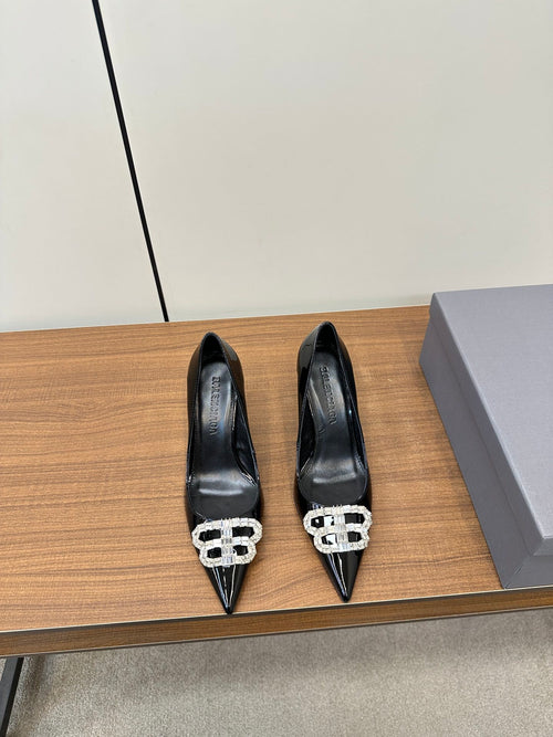 BLACK PATENT CRYSTAL POINTED HEELS