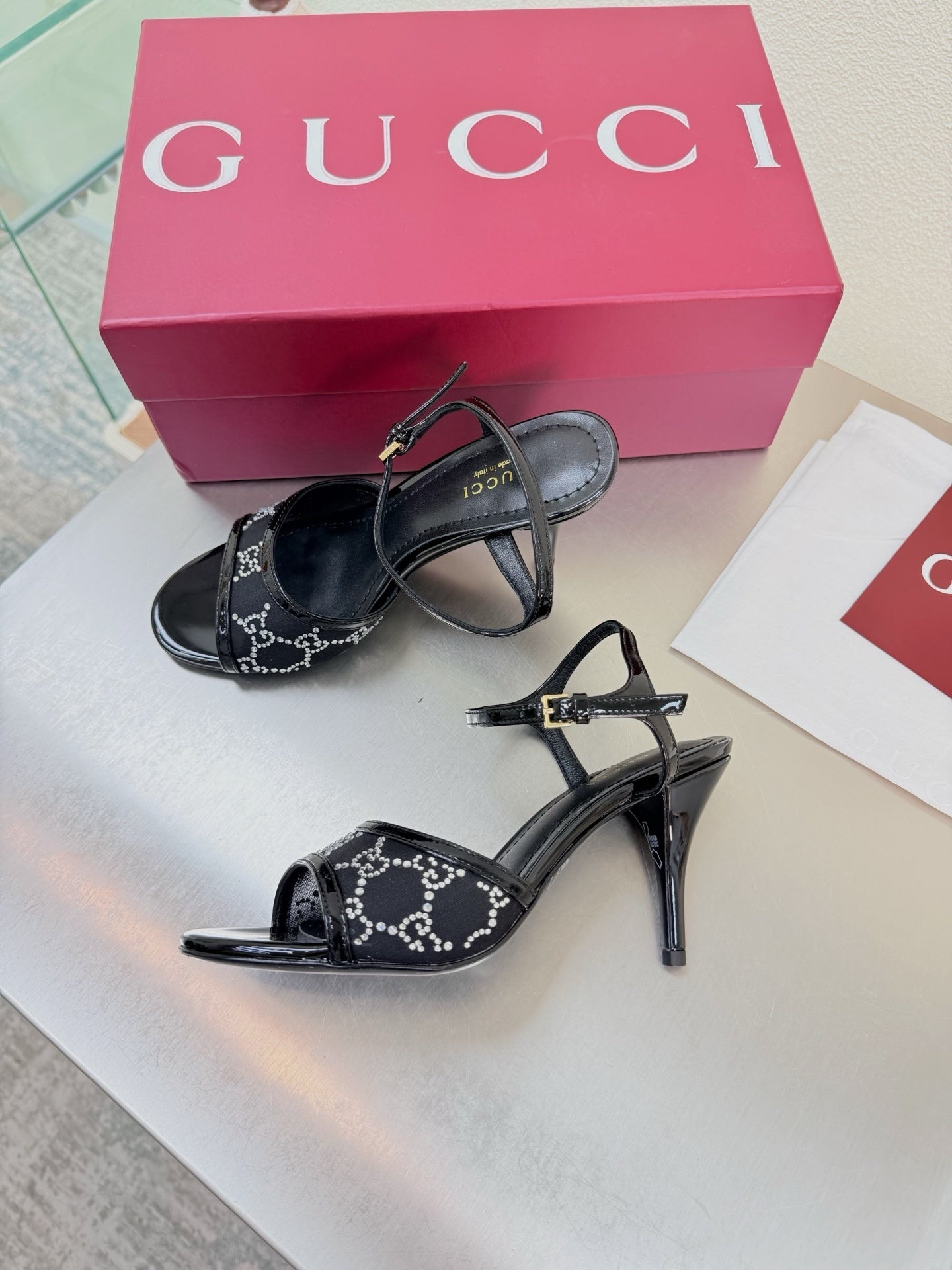 BLACK EMBELLISHED STRAPPY HEEL SANDALS