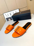 ORANGE PATENT SLIDE SANDALS