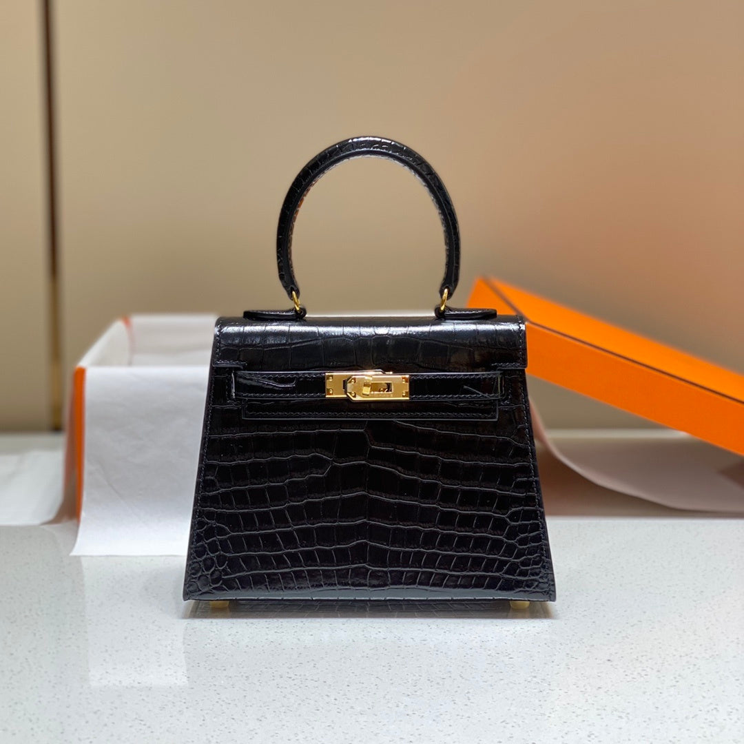 LUXURY BLACK CROCODILE EMBOSSED MINI TOP HANDLE HANDBAG WITH GOLD HARDWARE