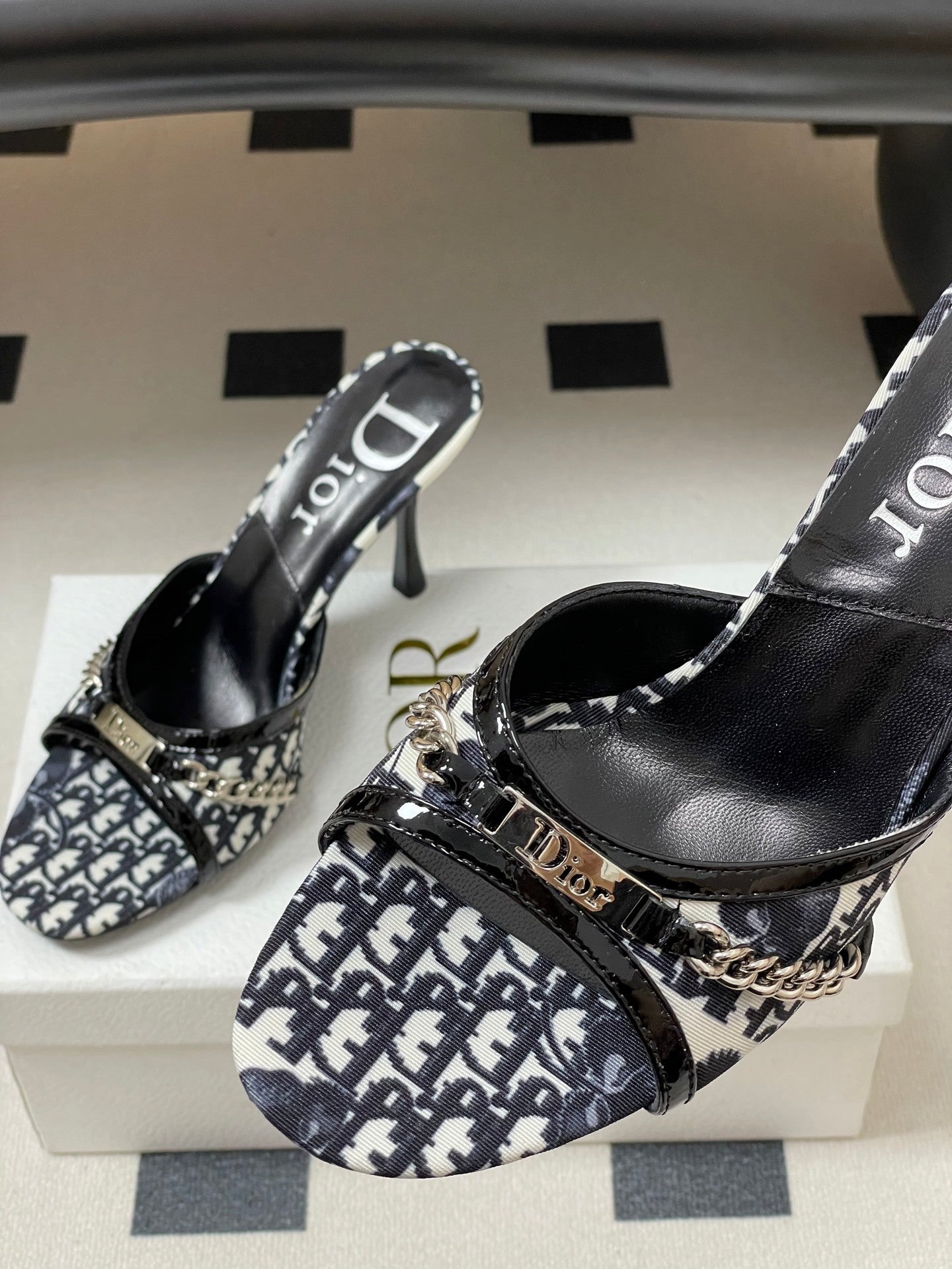 MONOGRAM CHAIN DETAIL MULE HEELS