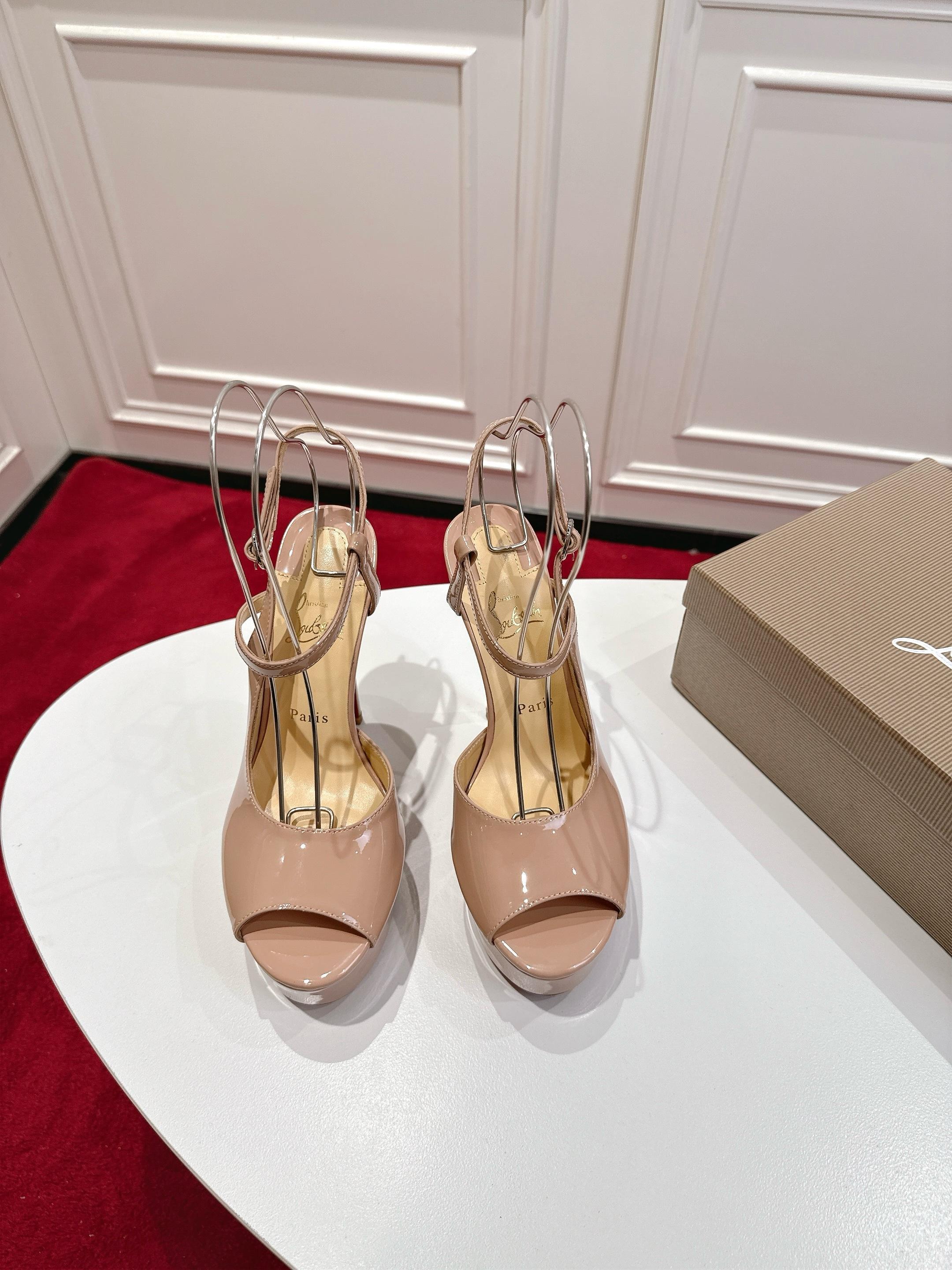 NUDE PATENT PLATFORM PEEP-TOE ANKLE STRAP HEELS