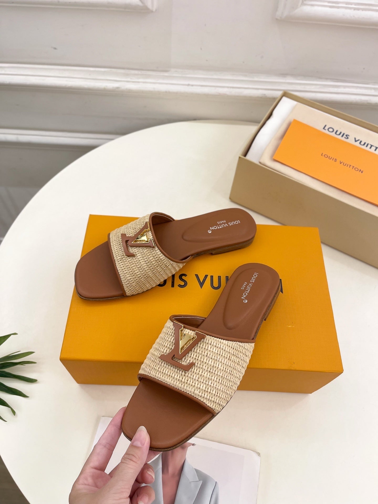 WOVEN STRAP MONOGRAM DETAIL SLIDE SANDALS
