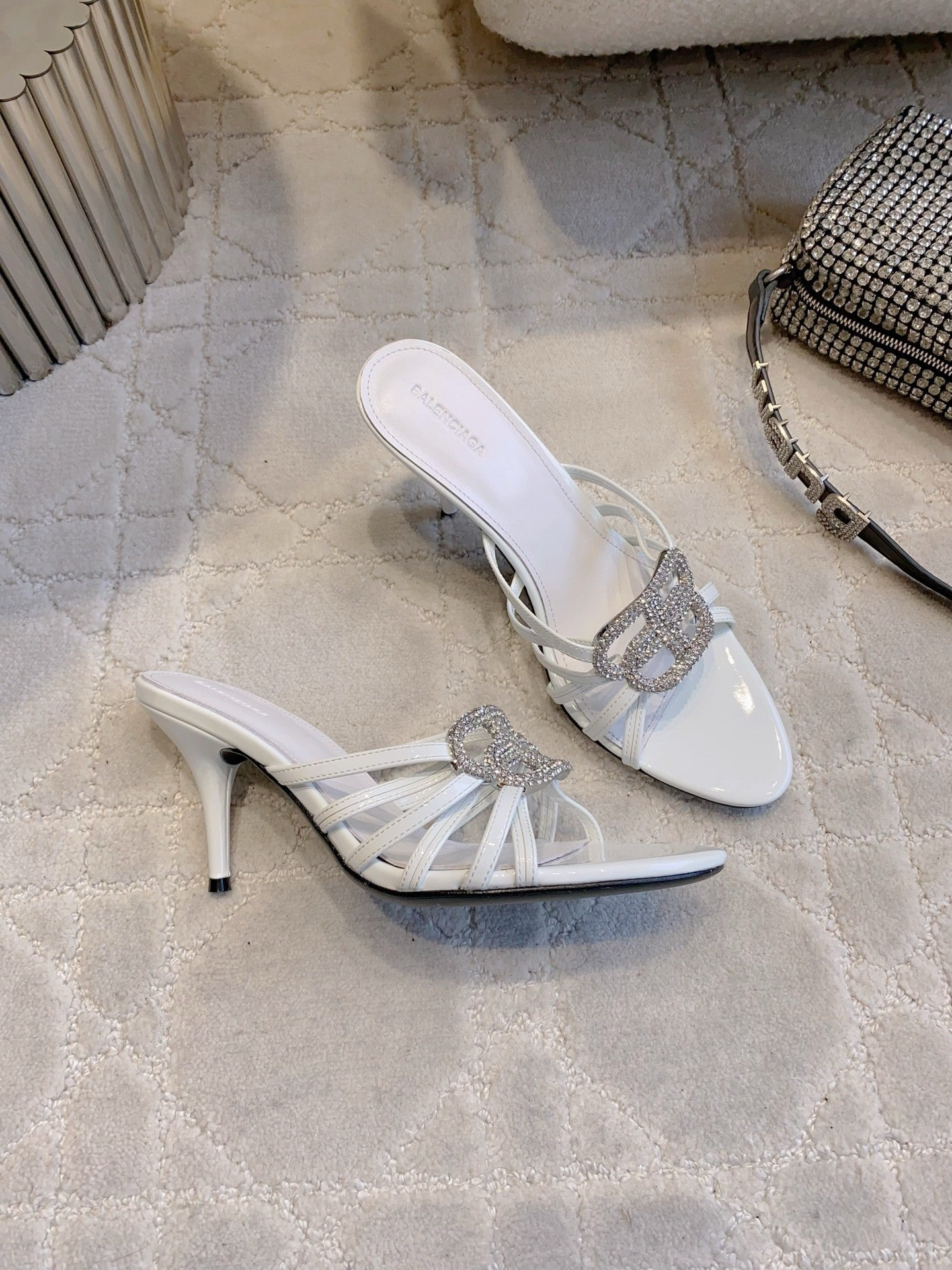CRYSTAL EMBELLISHED WHITE STRAPPY HEELS