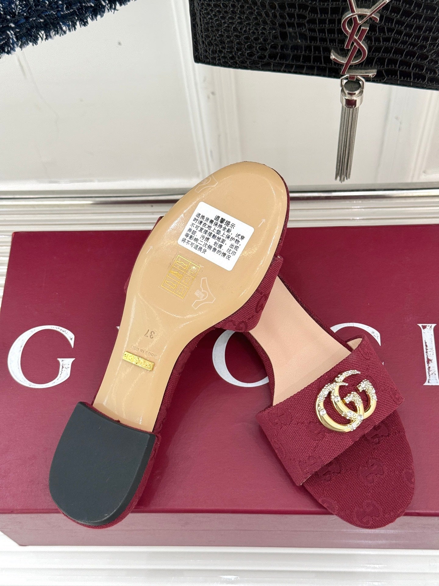 BURGUNDY MONOGRAM LOW HEEL SLIDES