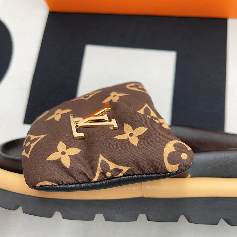 MONOGRAM PUFF STRAP PLATFORM SLIDE SANDALS