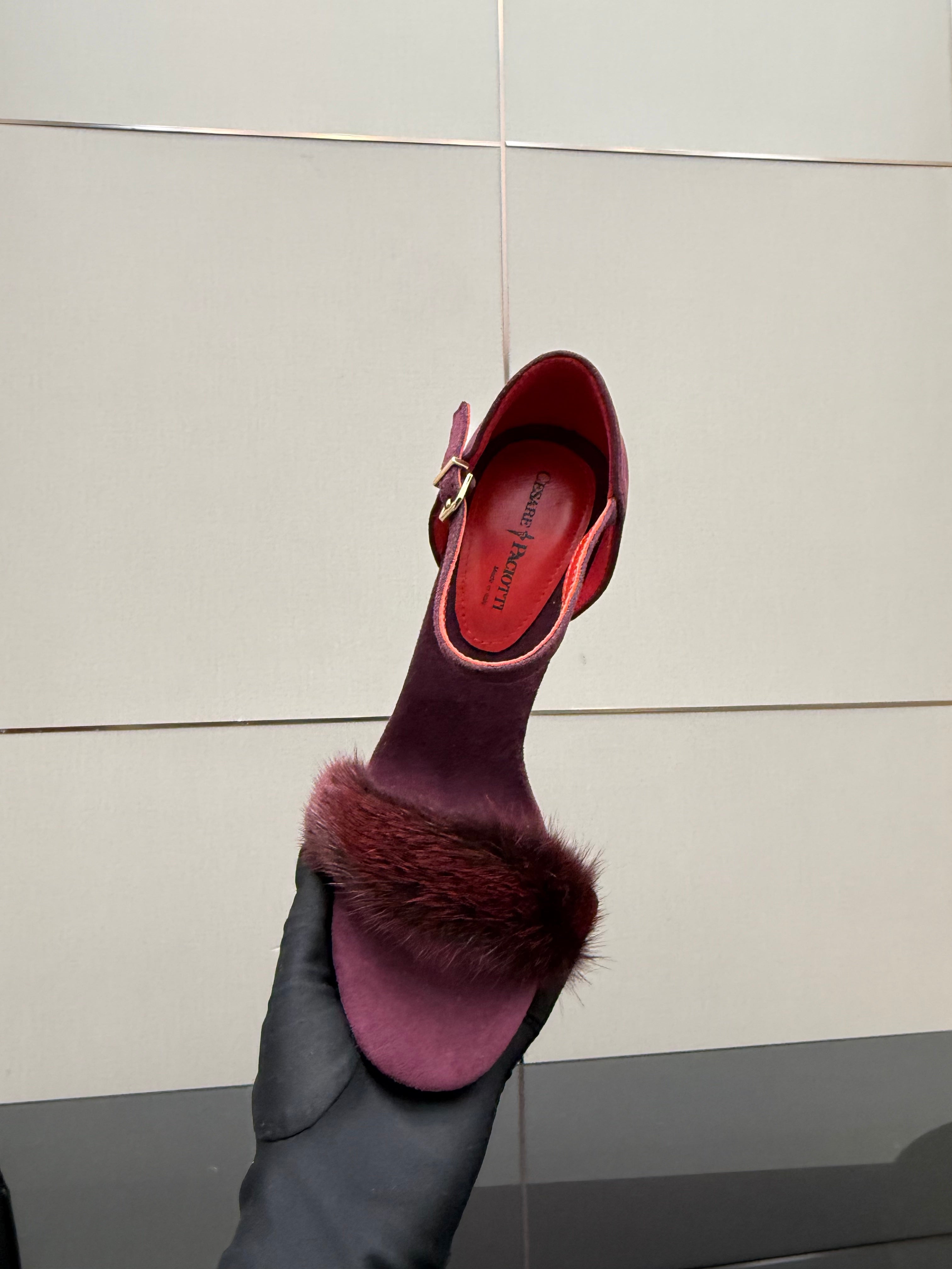 SUEDE FUR-TRIM STILETTO SANDALS – PLUM WINE EDITION