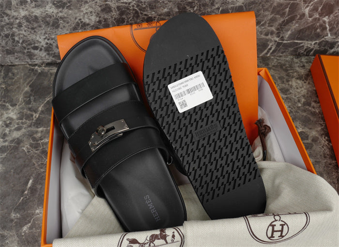 MINIMAL BUCKLE STRAP LEATHER SLIDE SANDALS