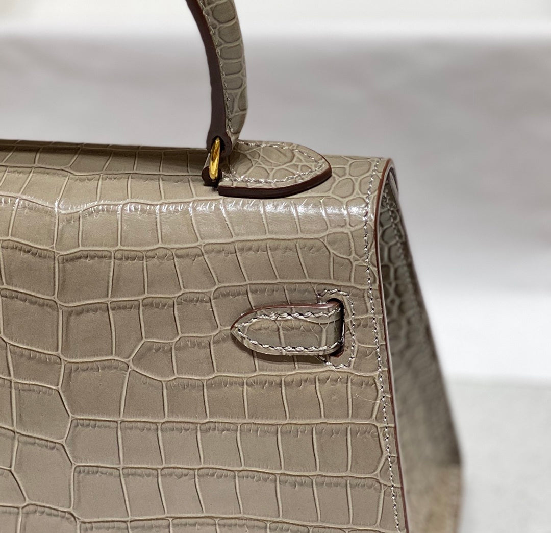 LUXURY TAUPE CROCODILE EMBOSSED MINI TOP HANDLE HANDBAG WITH GOLD HARDWARE