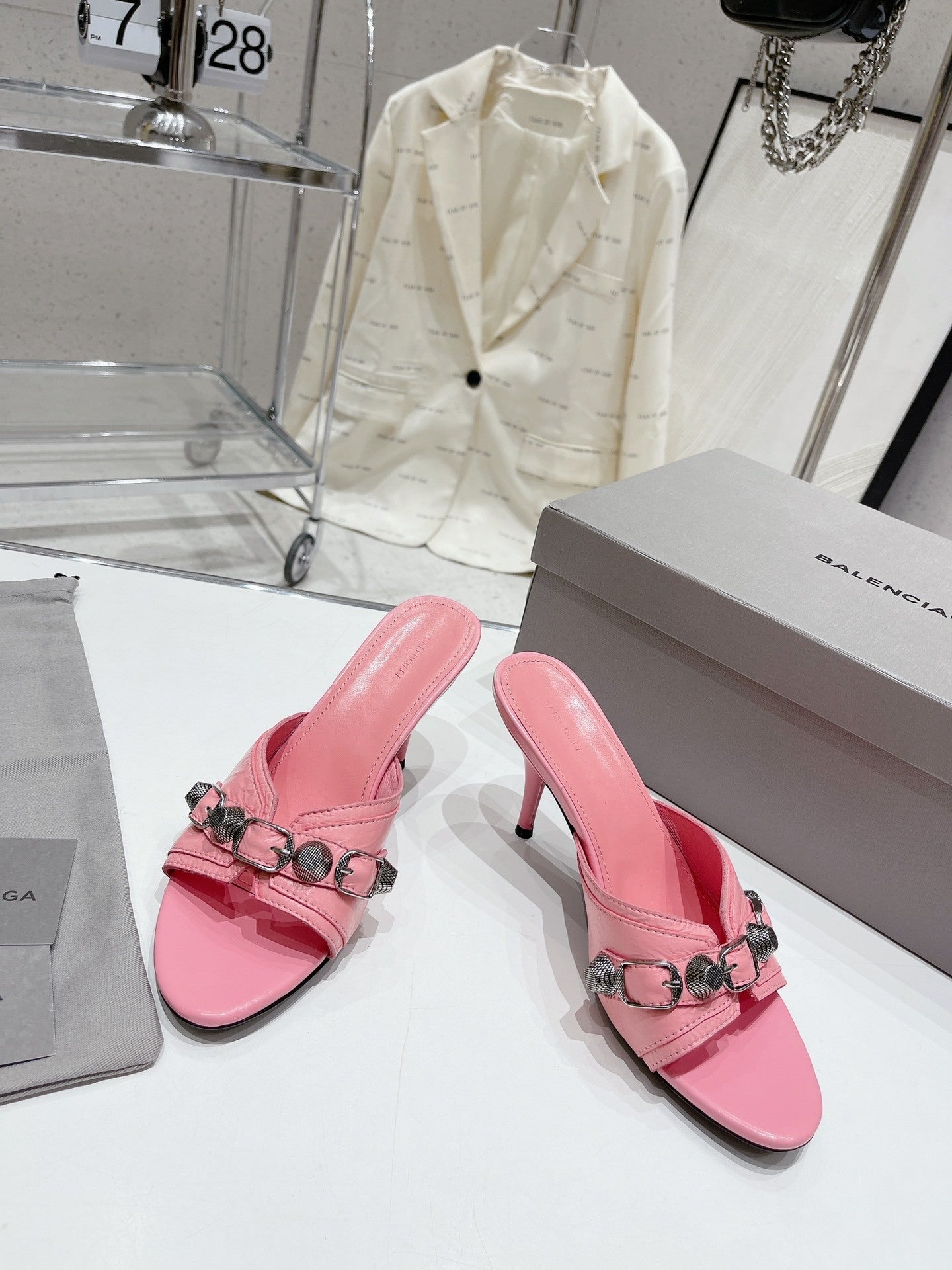 PINK EMBELLISHED MID HEEL MULE SANDALS