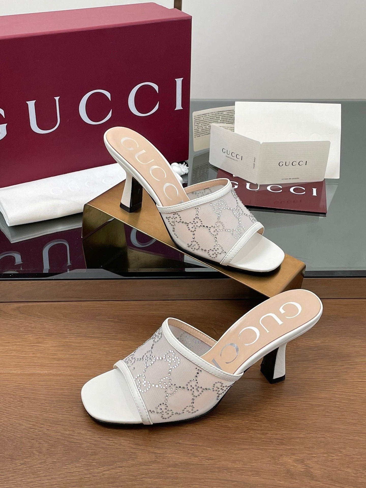 WHITE CRYSTAL PATTERN HEEL SLIDES