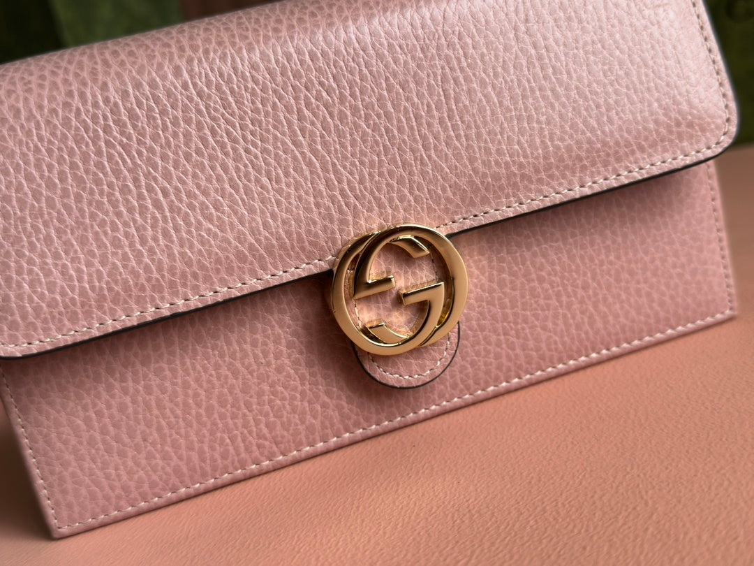 BLUSH PINK LEATHER CHAIN WALLET CROSSBODY BAG