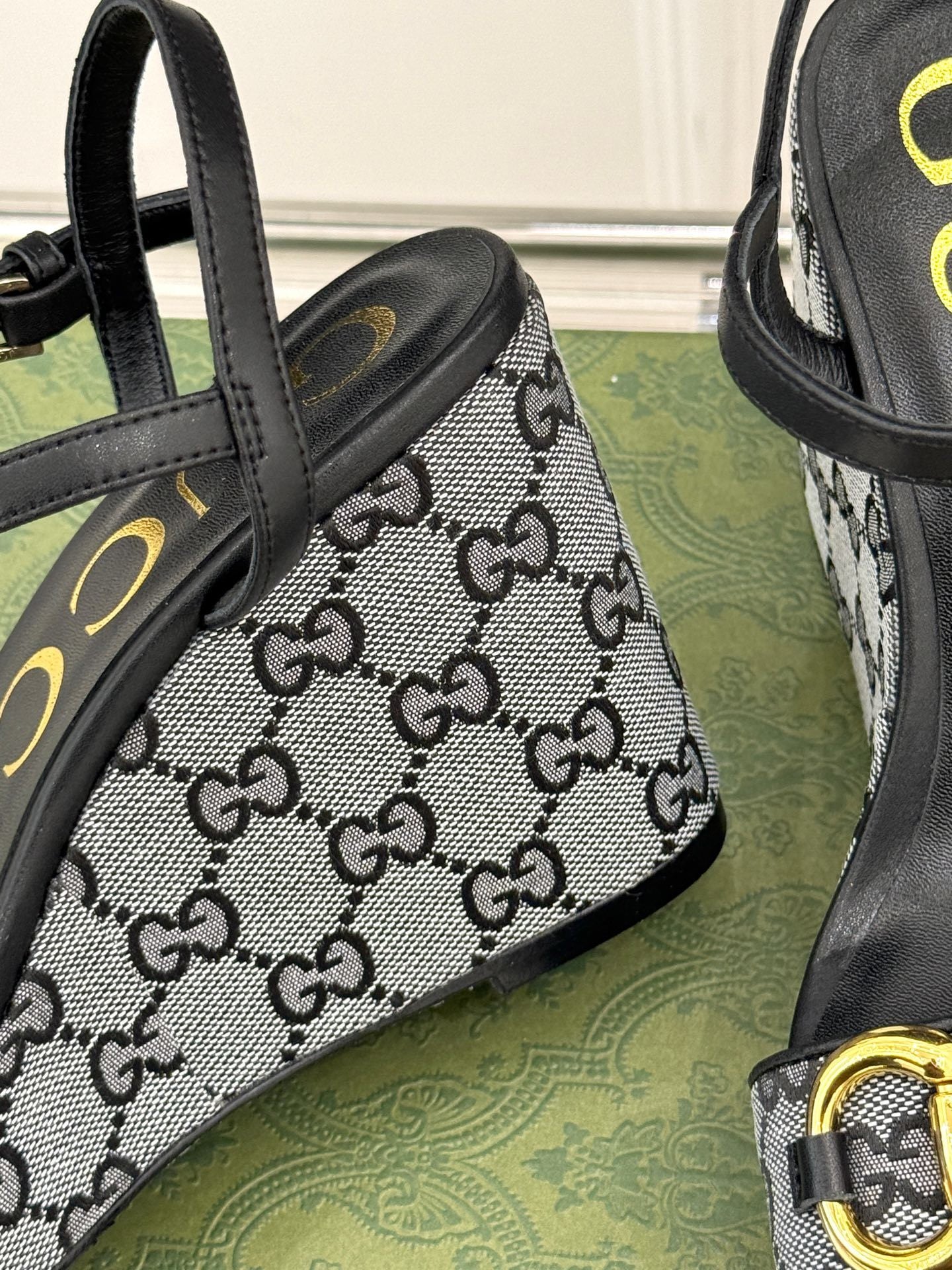 BLACK MONOGRAM PLATFORM WEDGE SANDALS