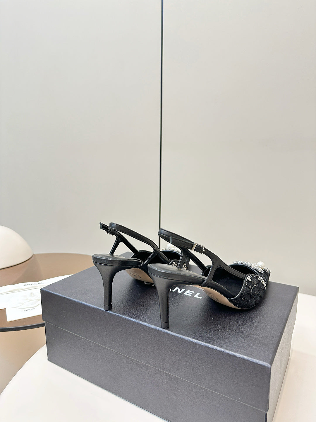 BLACK LACE CRYSTAL SLINGBACK HEELS