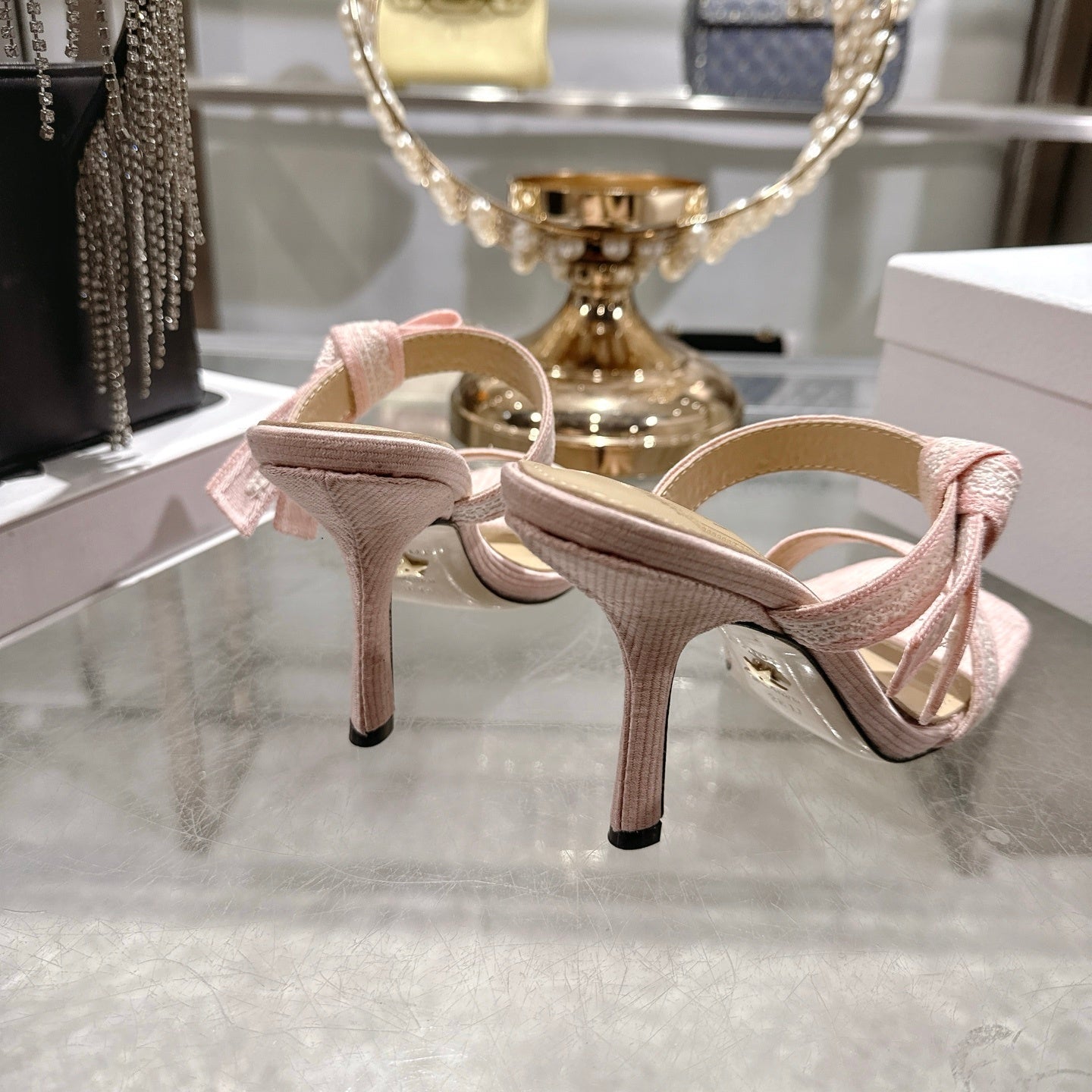 BOW-DETAIL JACQUARD HEELED MULE SANDALS