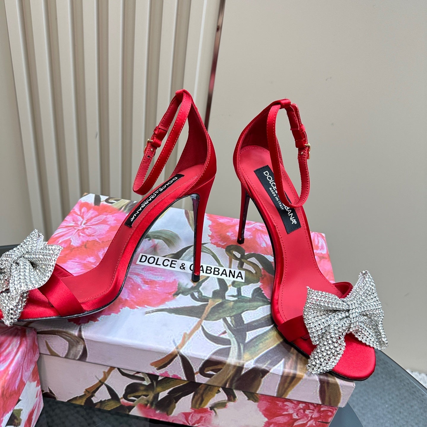 RED SATIN BOW CRYSTAL-EMBELLISHED STILETTO HEELS