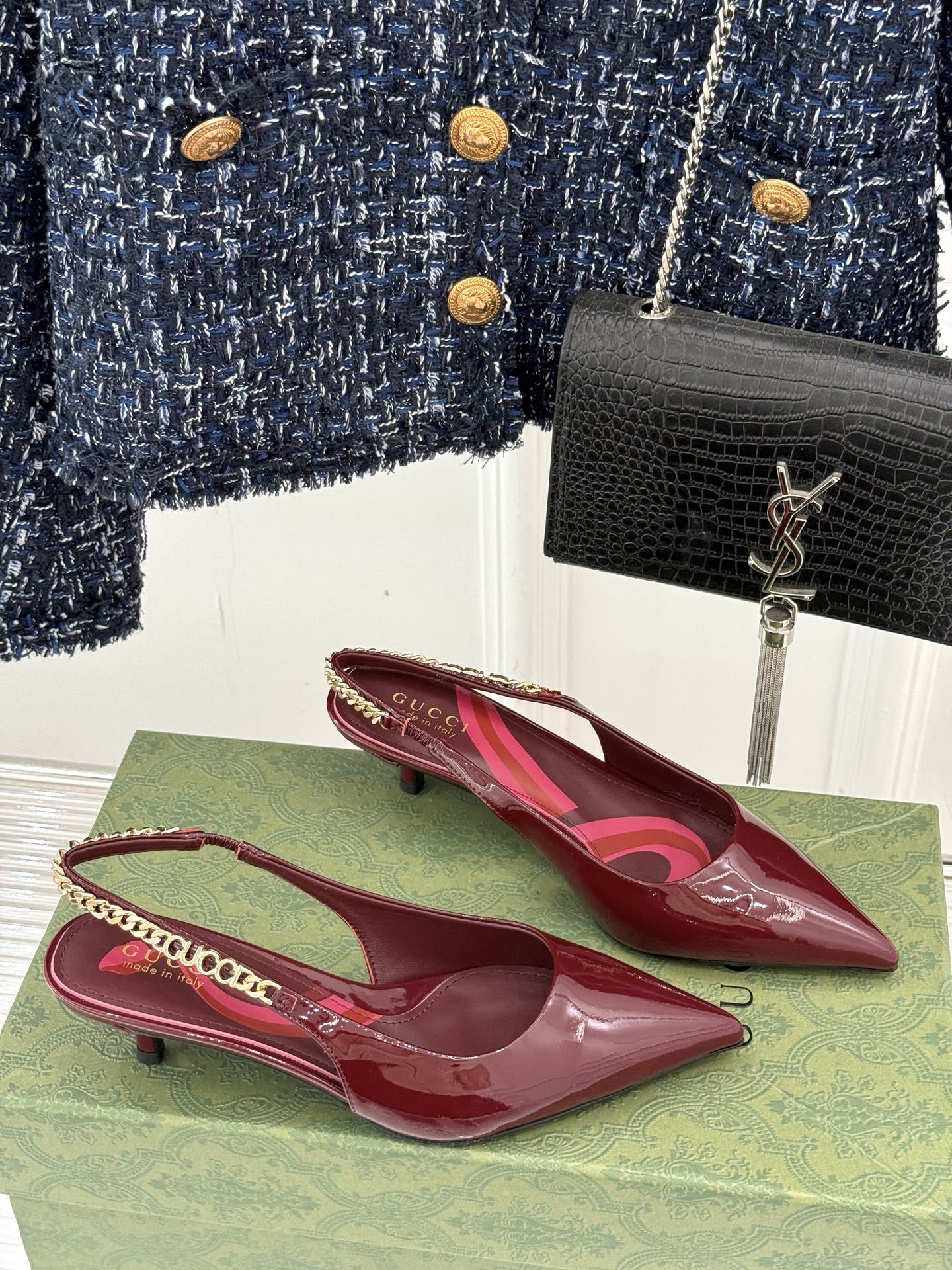 BURGUNDY PATENT CHAIN SLINGBACK HEELS