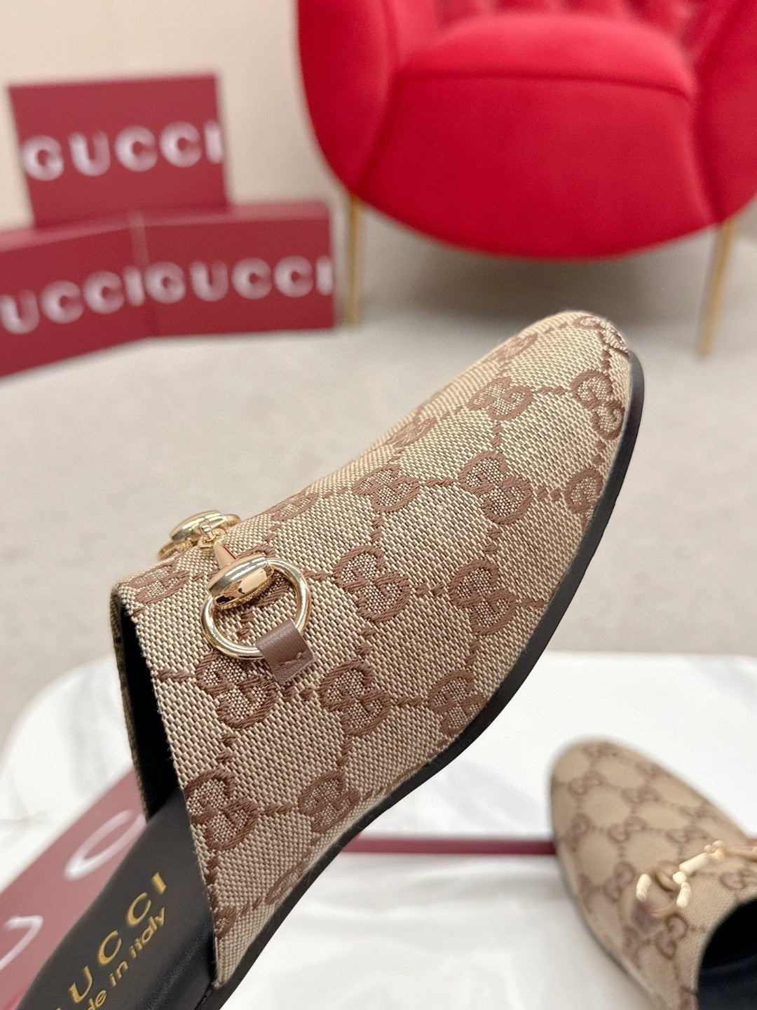 CLASSIC PATTERN SLIP-ON MULES WITH HORSEBIT ACCENT