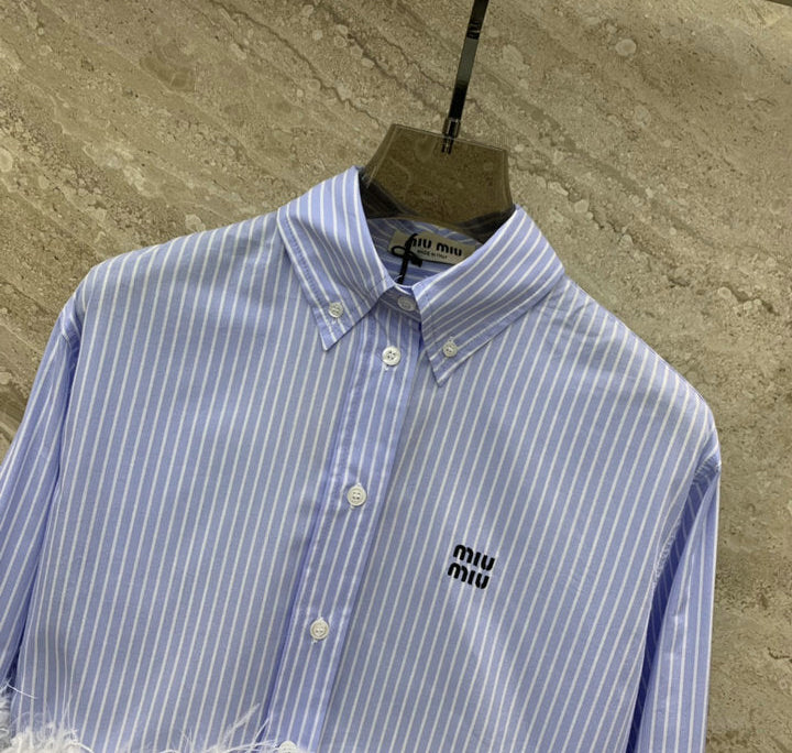STRIPED FEATHER TRIM CROPPED SHIRT