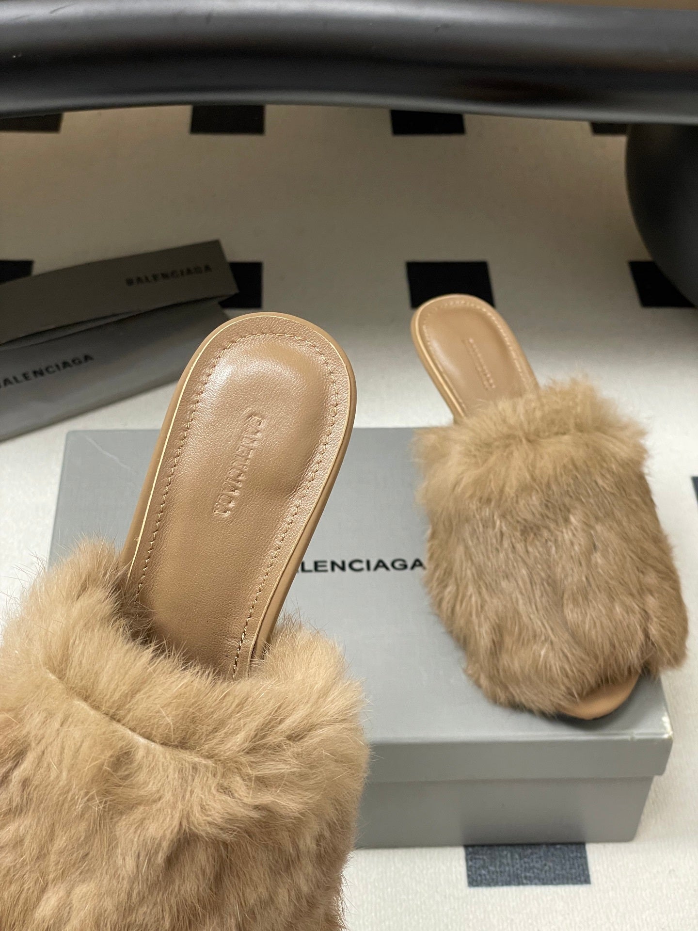 BEIGE FUR STRAP MULE HEELS