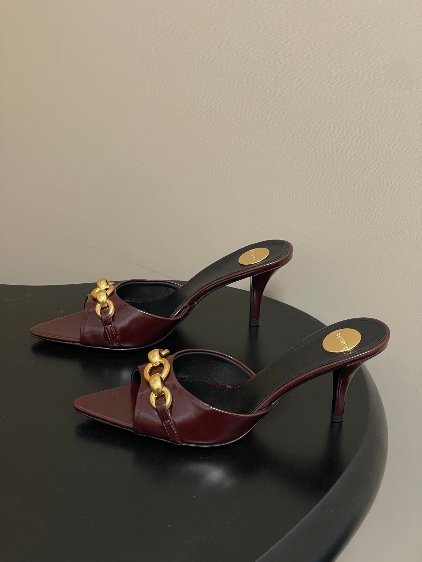 BURGUNDY POINTED TOE MULE HEELS WITH GOLD DETAIL