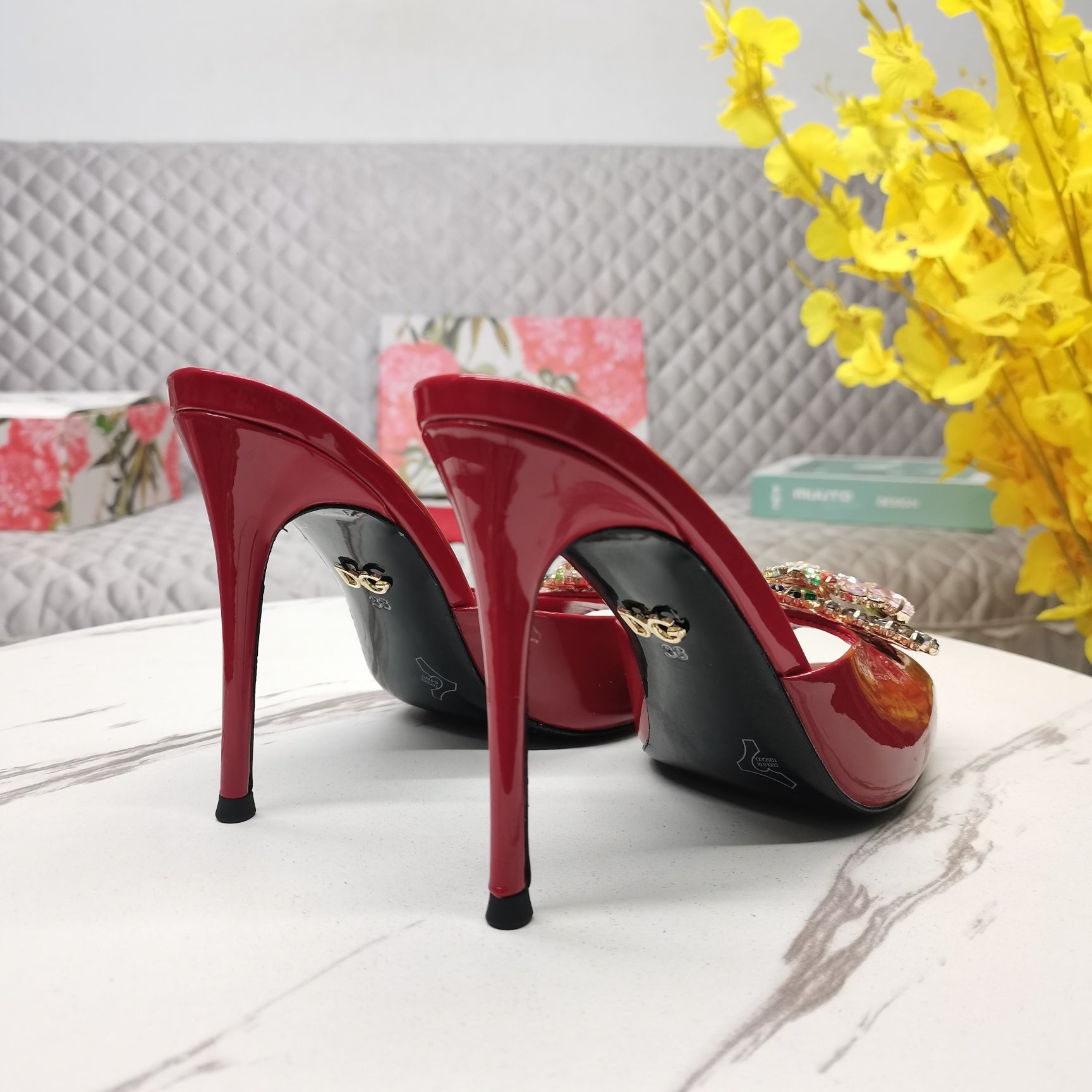 RED GLOSSY MULE HEEL SANDALS WITH MULTICOLOR CRYSTAL EMBELLISHMENT