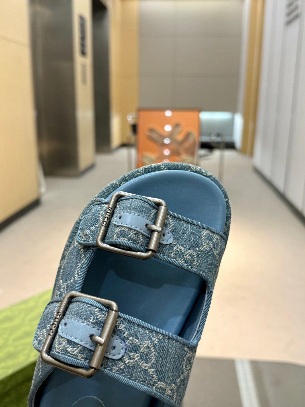 BLUE DENIM MONOGRAM DOUBLE-STRAP PLATFORM SANDALS
