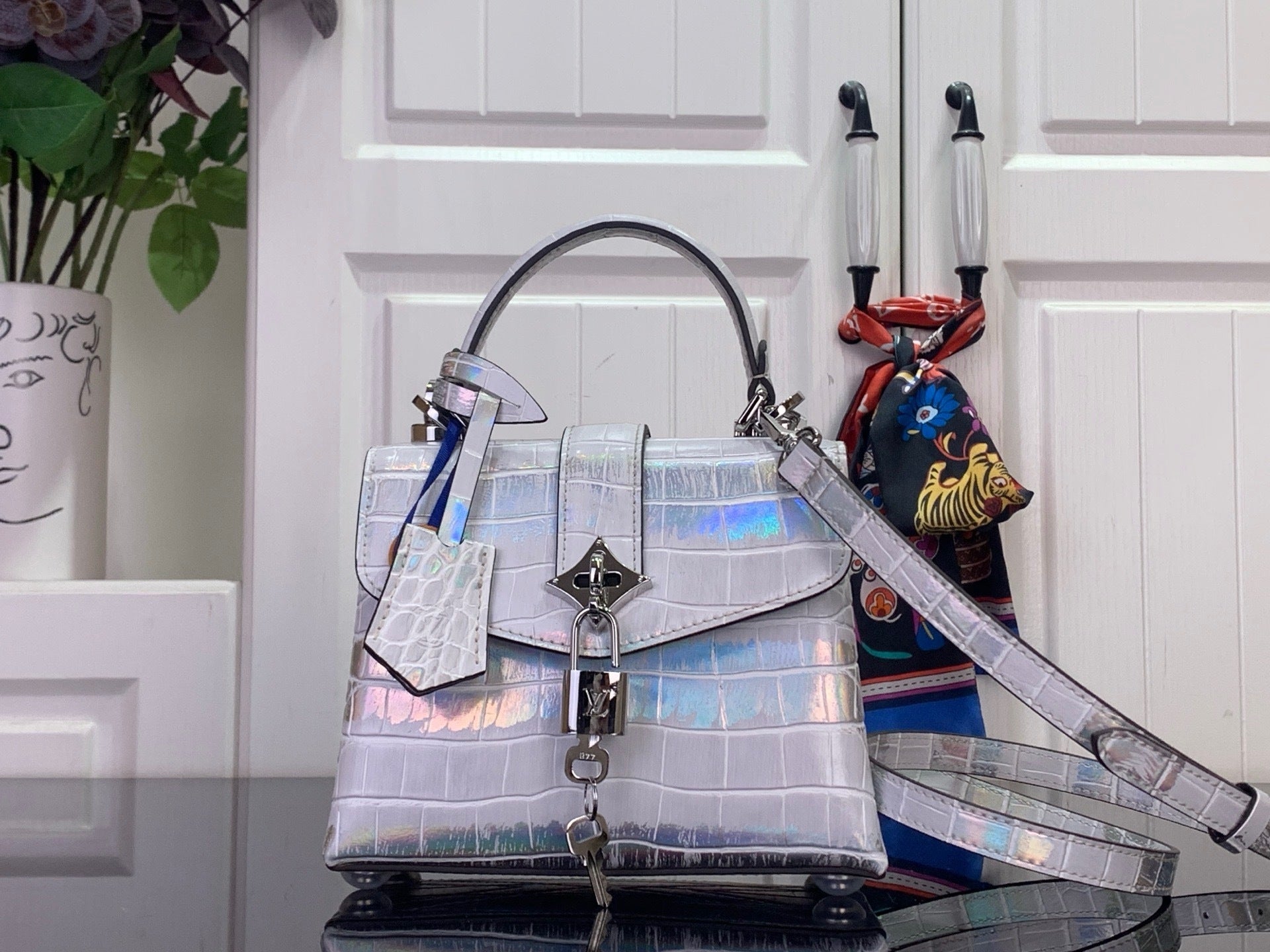 IRIDESCENT EMBOSSED TOP-HANDLE BAG