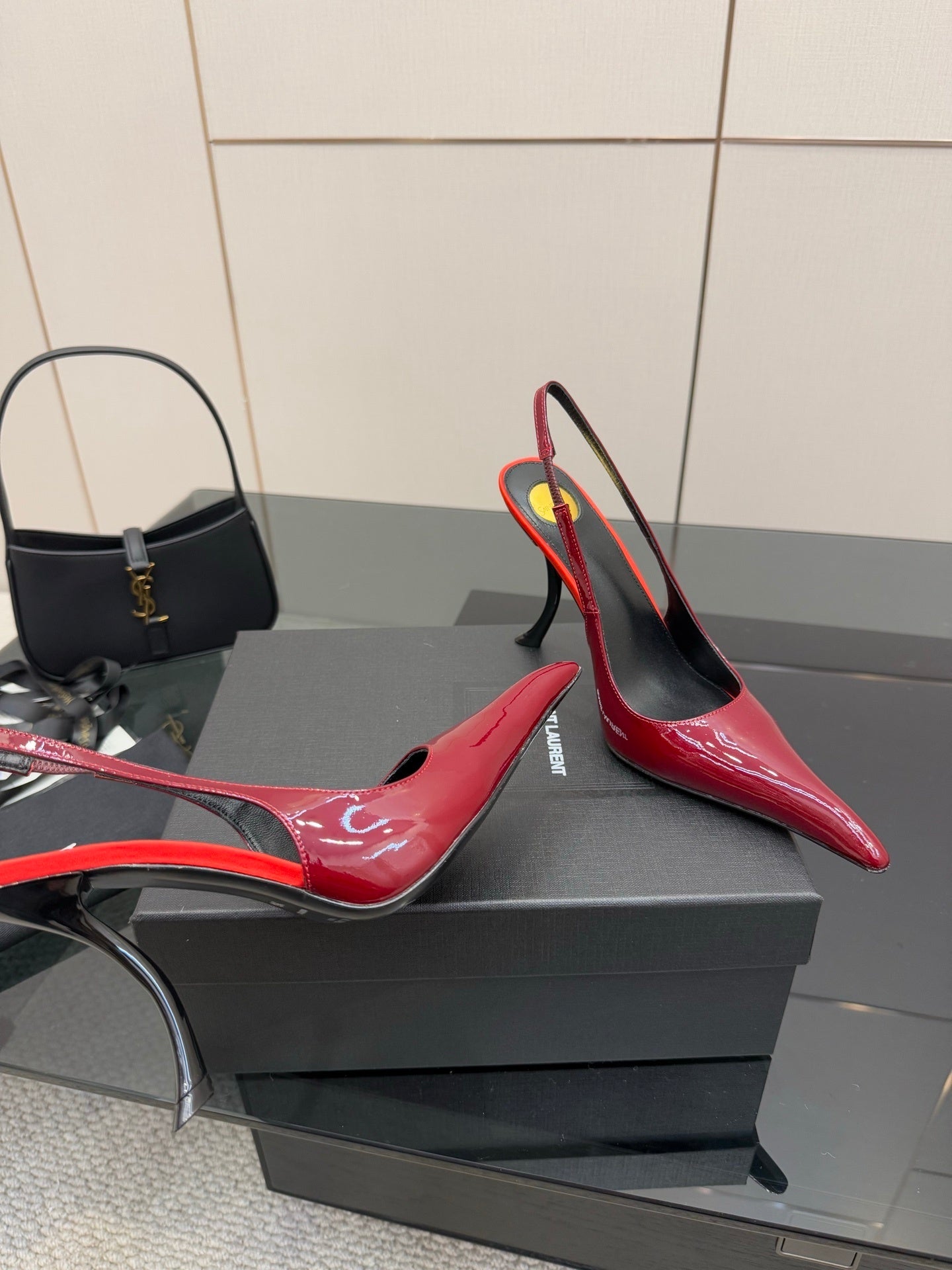 BURGUNDY PATENT SLINGBACK POINTED HEELS