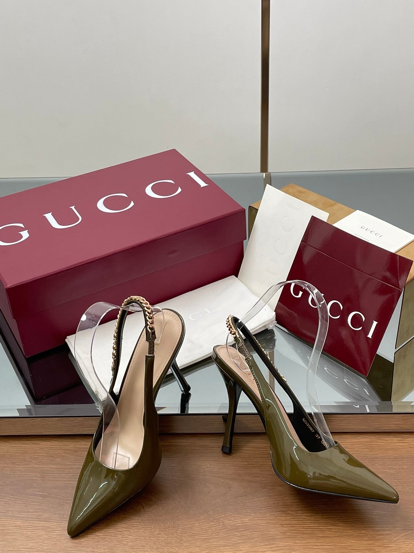 OLIVE PATENT SLINGBACK HEELS