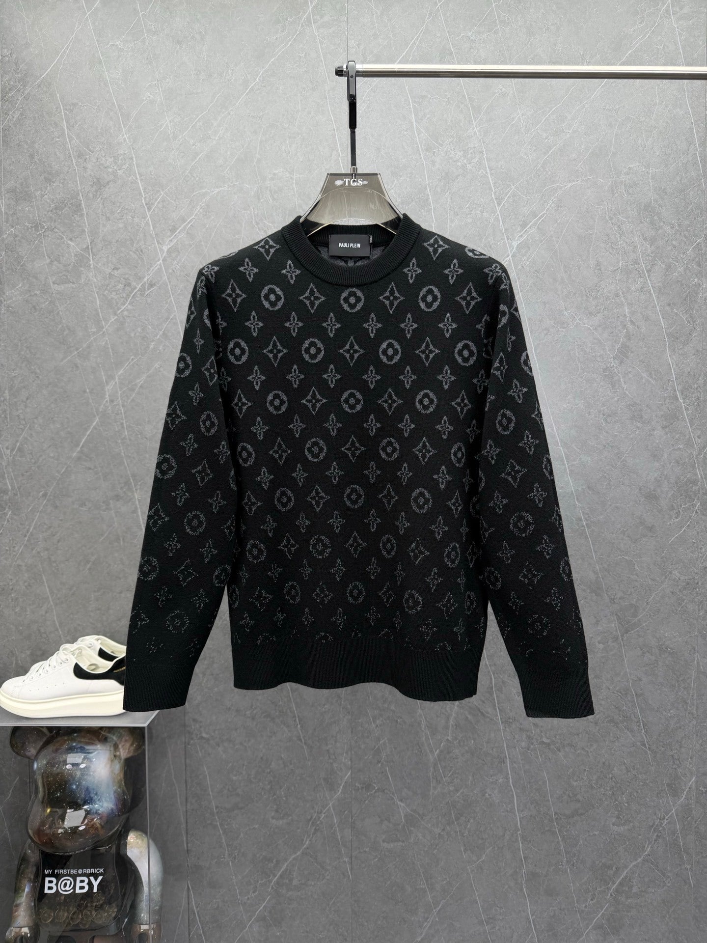 ALL-OVER MONOGRAM KNIT CREWNECK SWEATER