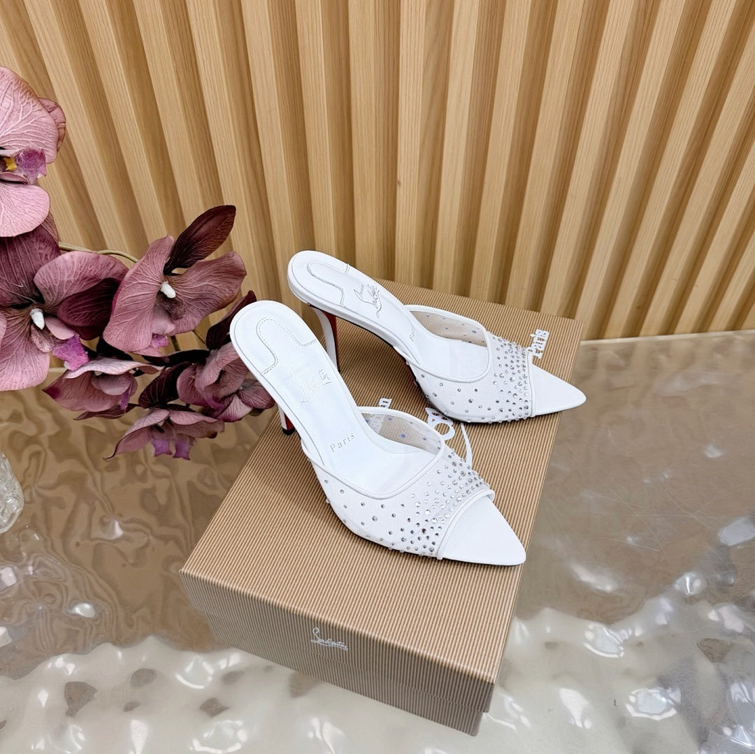 WHITE RHINESTONE MULE HEELS