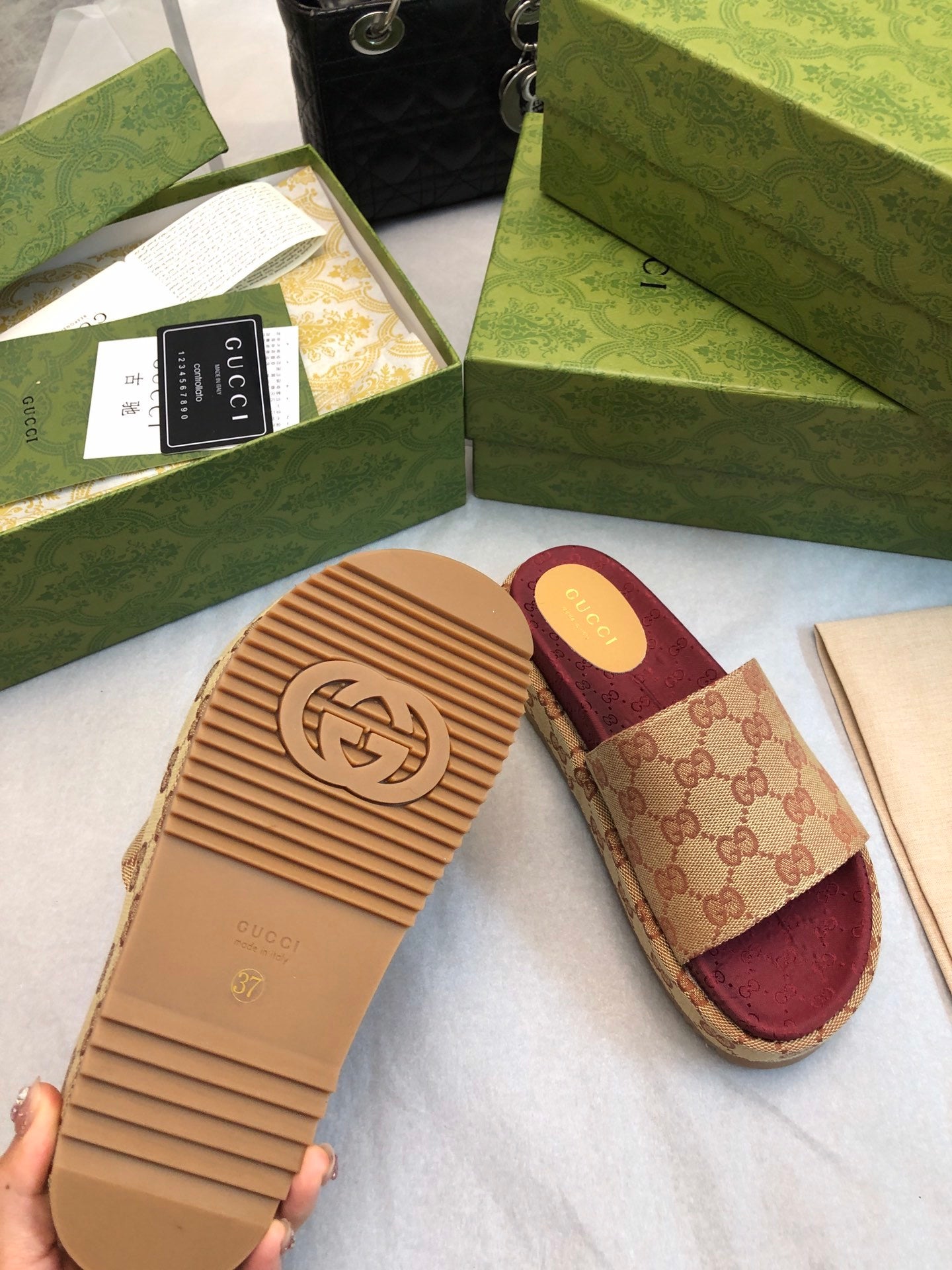 BEIGE & BURGUNDY MONOGRAM PLATFORM SLIDES