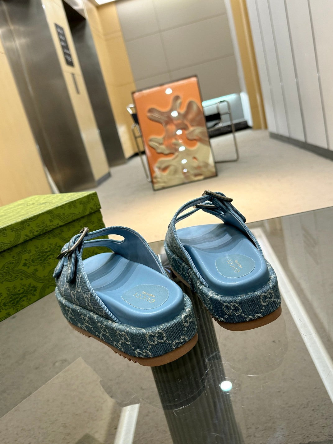 BLUE DENIM MONOGRAM DOUBLE-STRAP PLATFORM SANDALS