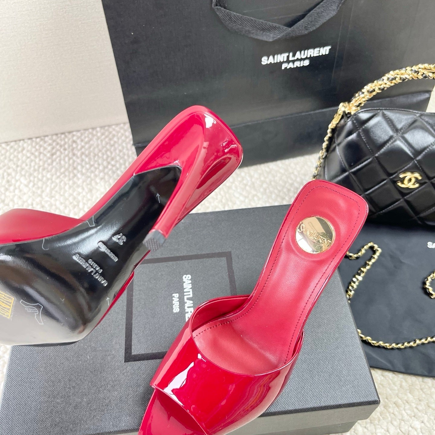RED PATENT OPEN-TOE MULE HEELS