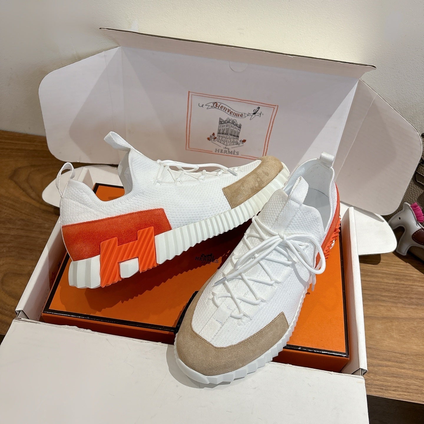 WHITE TECH-KNIT SNEAKERS WITH SUEDE TOE & ORANGE HEEL ACCENT