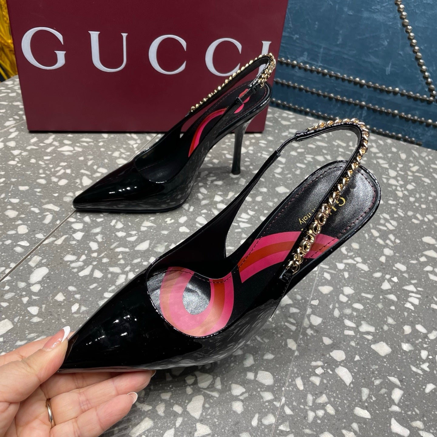 BLACK PATENT CHAIN SLINGBACK PUMPS