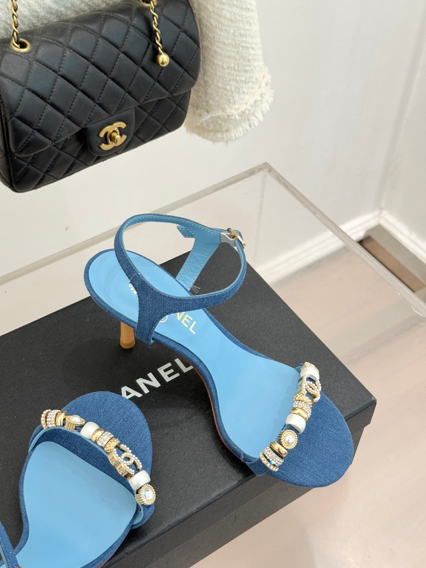 BLUE EMBELLISHED STRAPPY HEEL SANDALS
