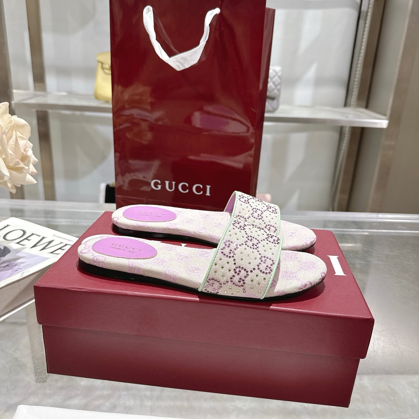 PINK EMBELLISHED SLIDE SANDALS