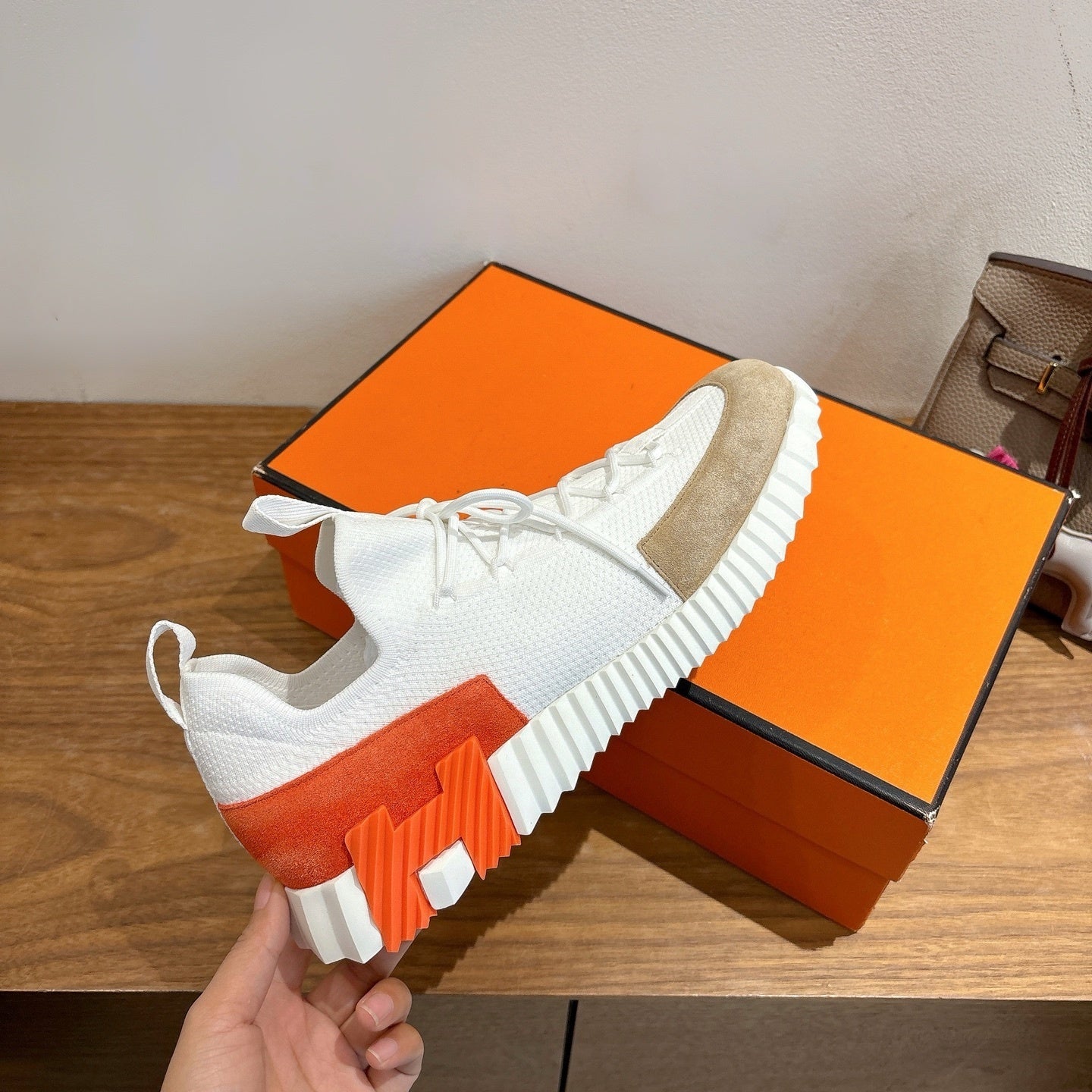 WHITE TECH-KNIT SNEAKERS WITH SUEDE TOE & ORANGE HEEL ACCENT