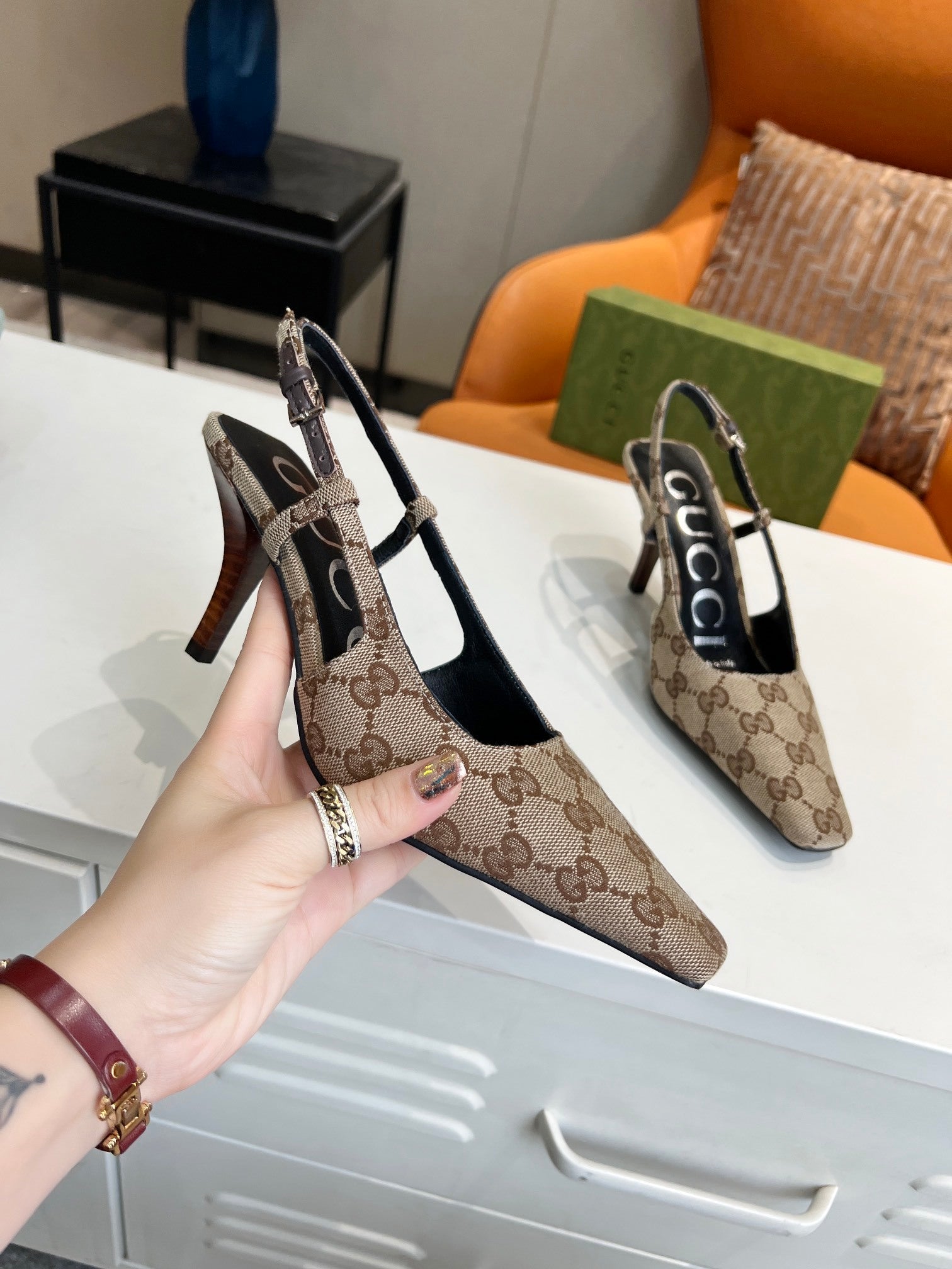 MONOGRAM T-STRAP SLINGBACK HEELS WITH SCULPTED HEEL