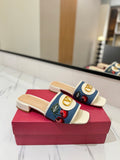 EMBROIDERED DENIM SLIDE SANDALS WITH CHERRY DETAIL – BLUE & IVORY